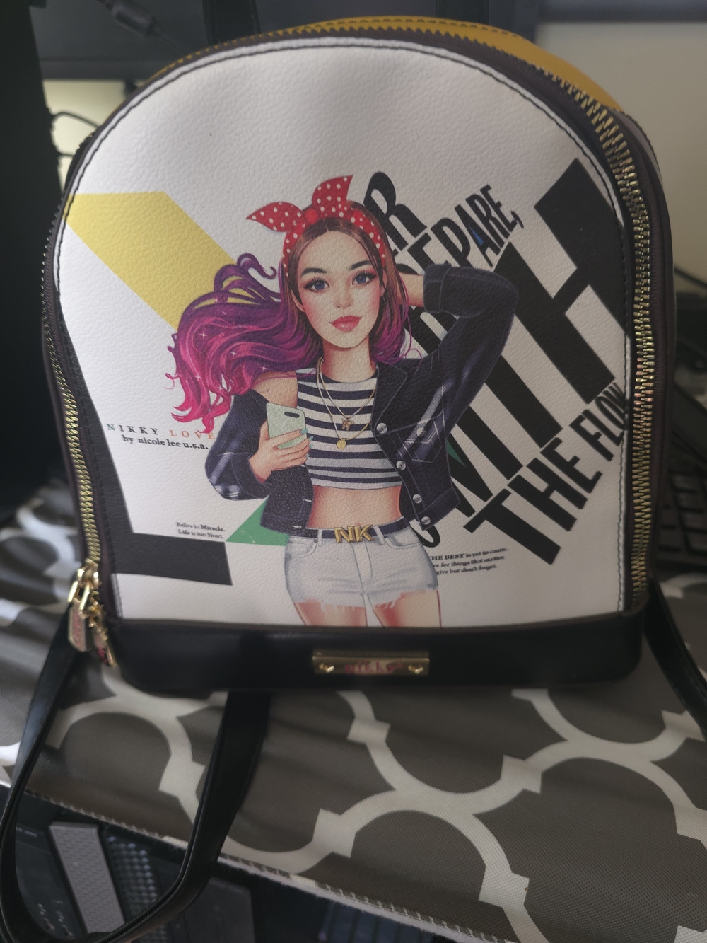 Mini Illustration Backpack - White with Black & Pink Accents